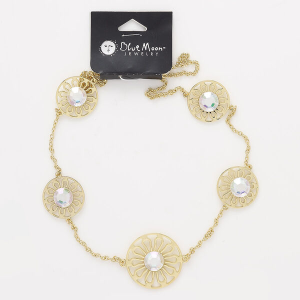 Necklace, glass / gold-finished "pewter" (zinc-based alloy) / steel, clear AB, 30mm and 40mm round, 30-inch continuous loop. Sold individually. image number 0