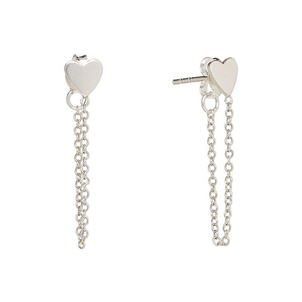 Earring, sterling silver, 21mm with 6x5mm heart with chain and post, 21 gauge. Sold per pair. image number 0