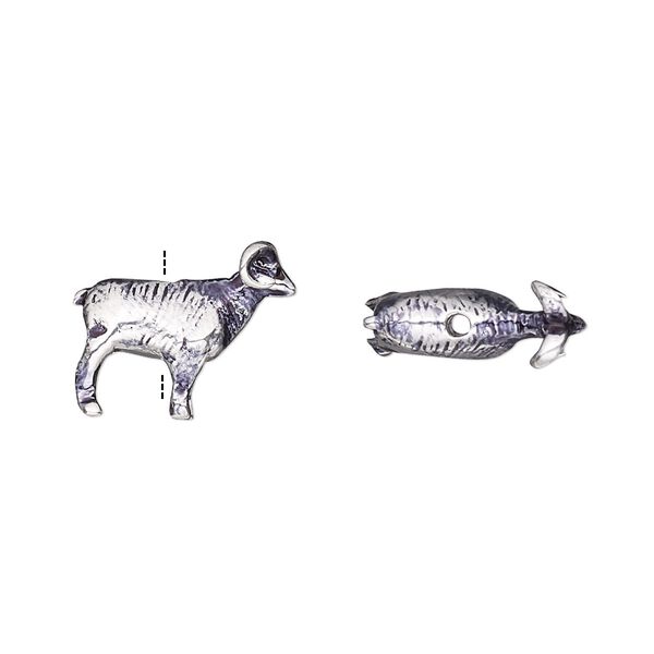 Bead, antique silver-plated brass, 14.5x12.5mm vertically-drilled 3D ram. Sold individually. image number 0