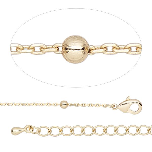 Chain 1pkg1 brass 1mm cable / 2.5mm ball 18 inches with 2-inch extender chain / lobster claw clasp, gold finish image number 0