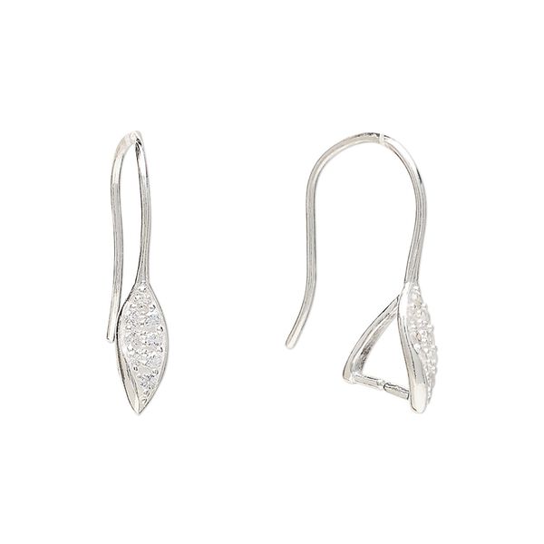 Ear wire 1pkg2 sterling silver / cubic zirconia, 21mm leaf / ice-pick bail / 5.5mm grip length, 20 gauge 1 pair image number 0