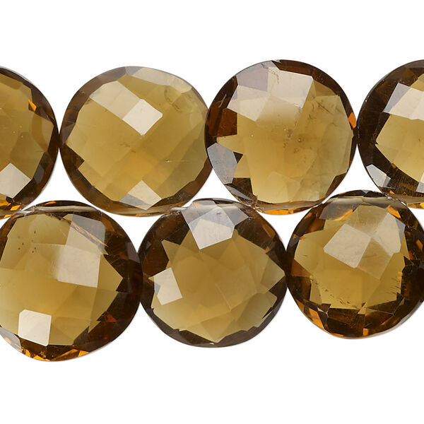Bead, golden quartz (heated), 15-18mm hand-cut top-drilled faceted puffed flat round, B+ grade, Mohs hardness 7. Sold per 7-inch strand, approximately 25 beads. image number 0