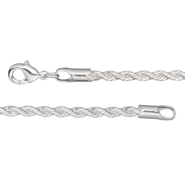 Chain, silver-plated brass, 2.4mm rope, 20 inches with lobster claw clasp. Sold individually. image number 0