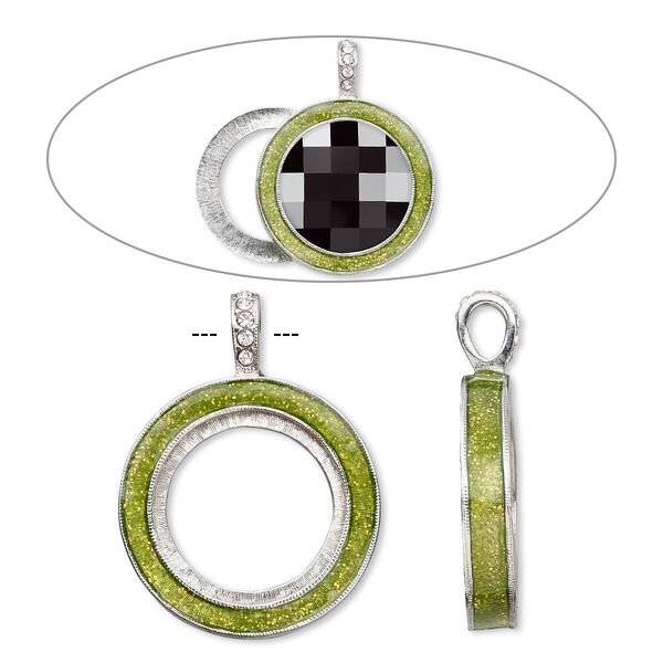 Pendant, Almost Instant Jewelry®, epoxy / crystals / imitation rhodium-finished "pewter" (zinc-based alloy), peridot green and crystal clear with glitter, 45x35mm single-sided with 30mm round setting. Sold individually. image number 0