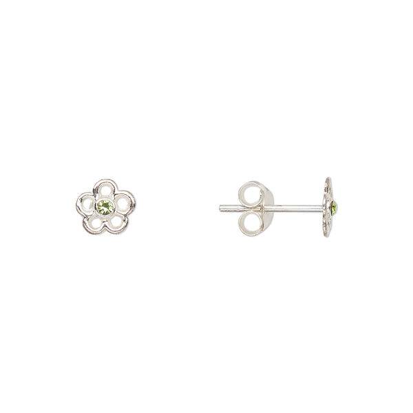 Earstud, Create Compliments®, sterling silver and crystal, peridot green, 6mm flower. Sold per pair. image number 0
