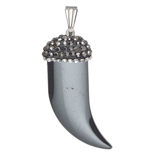 Hemalyke™ / brass / glass rhinestone 1pkg1, silver-finished double-sided talon pendant 35x21mm image number 0