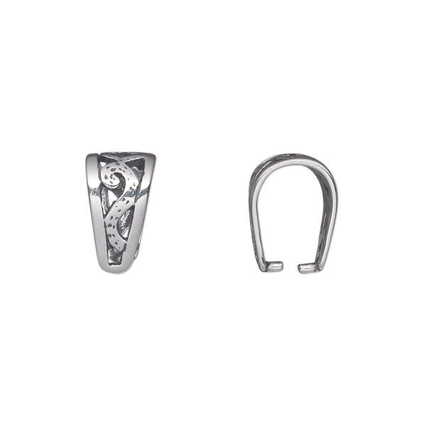 Bail, ice-pick, antiqued sterling silver, 12x8mm double-sided shield with open filigree, 10mm grip length. Sold individually. image number 0
