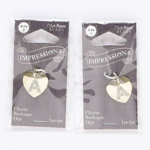 Charm, gold-finished "pewter" (zinc-based alloy) / steel / acrylic rhinestone, clear, 15.5mm single-sided puffed heart with letter "A." Sold per pkg of 2. image number 0