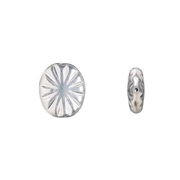 Bead, Preciosa, Czech pressed glass, opaque metallic silver, 14x11mm fluted flat oval. Sold per pkg of 10. image number 0