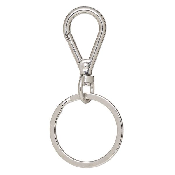 Key ring, imitation rhodium-finished brass and steel, 64x30mm overall with 27.5x17.5mm self-closing teardrop on a swivel with 30mm split ring. Sold per pkg of 5. image number 0