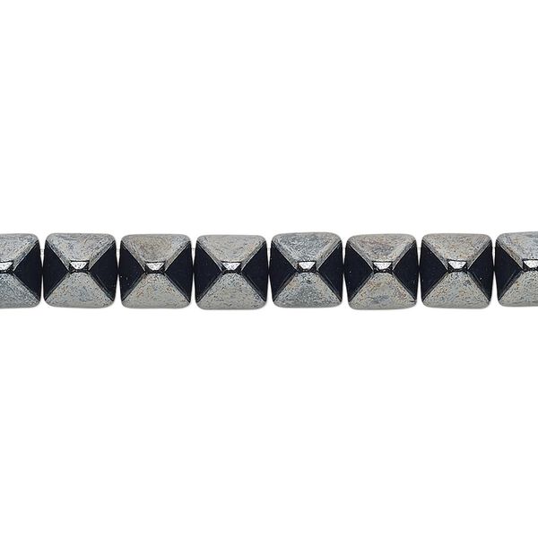 Spacer, Preciosa, Czech pressed glass, opaque hematite, 6x6x7mm 2-strand pyramid, fits up to 3mm bead. Sold per 8-inch strand, approximately 30 spacers. image number 0