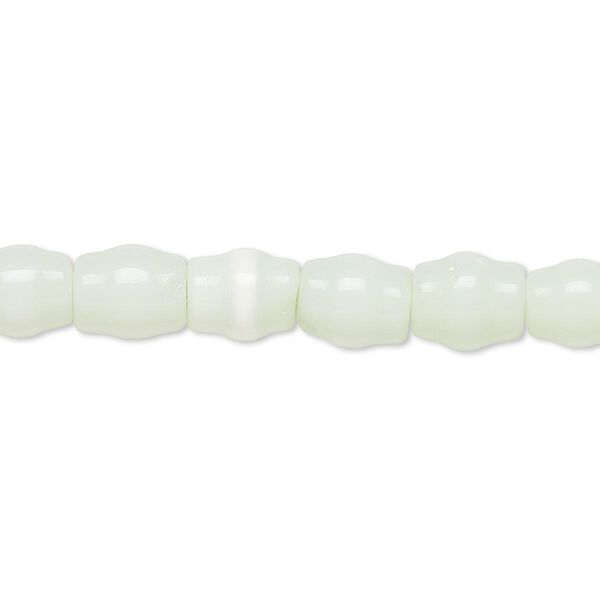 Bead, cat's eye glass (fiber optic glass), sea green, 8x6mm-9x7mm carved round tube. Sold per 15-inch strand. image number 0