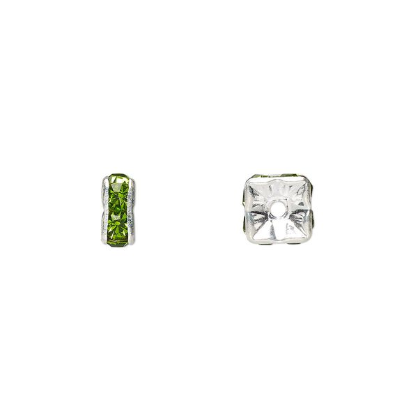 Bead, glass rhinestone and silver-plated brass, peridot green, 6x3mm squaredelle. Sold per pkg of 10. image number 0