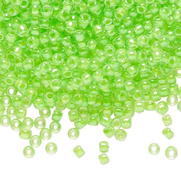 Seed bead, TOHO BEADS®, glass, pkg/7.5g, #8 round, translucent luminous inside color neon green (TR-08-805). image number 0