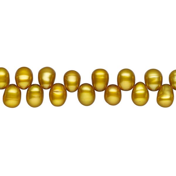 Pearl, cultured freshwater (dyed), dark gold olive, 4-6mm top-drilled rice, C grade, Mohs hardness 2-1/2 to 4. Sold per 15-inch strand. image number 0