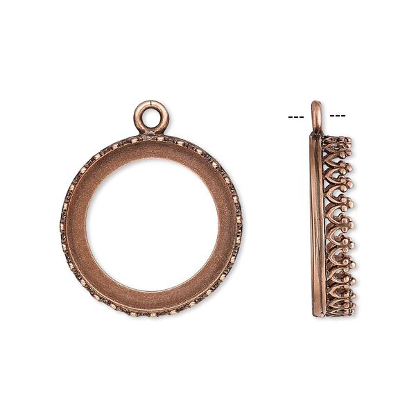 Drop, JBB Findings, antique copper-plated brass, 19.5mm round with open back and decorative trim, 18mm round bezel setting. Sold per pkg of 2. image number 0