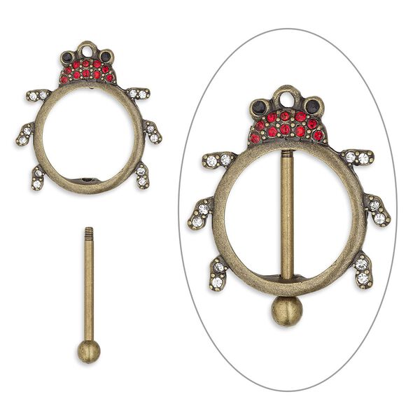 Focal, bead pin, glass rhinestone / antique brass-finished brass / "pewter" (zinc-based alloy), clear / red / black, 43x38mm single-sided ladybug with twist-off top, 23.5mm beadable length. Sold individually. image number 0