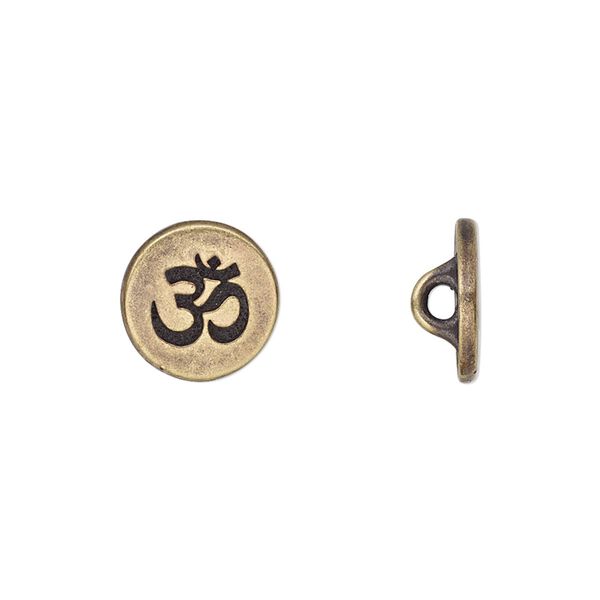Button, TierraCast®, antique brass-plated pewter (tin-based alloy), 12mm flat round with Om symbol and loop. Sold per pkg of 2. image number 0