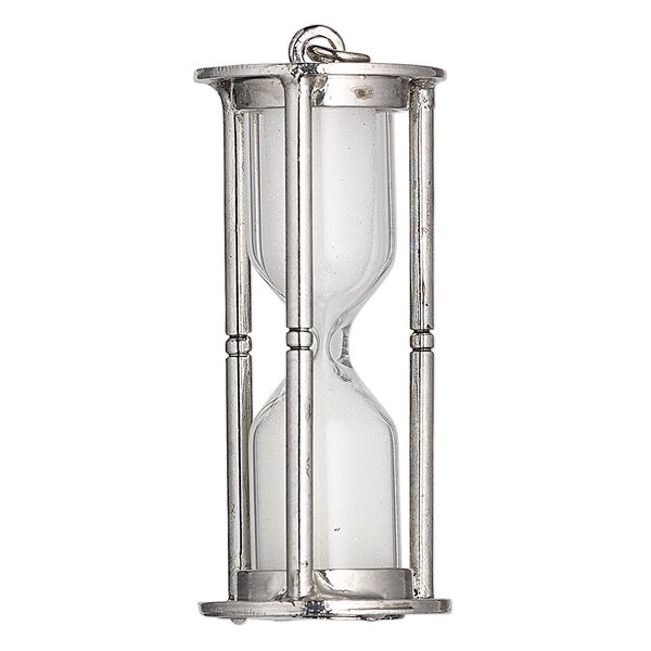 Focal, Charmed, sand / glass / antique silver-finished steel / "pewter" (zinc based alloy), clear and white, 51x23mm hourglass. Sold individually. image number 0