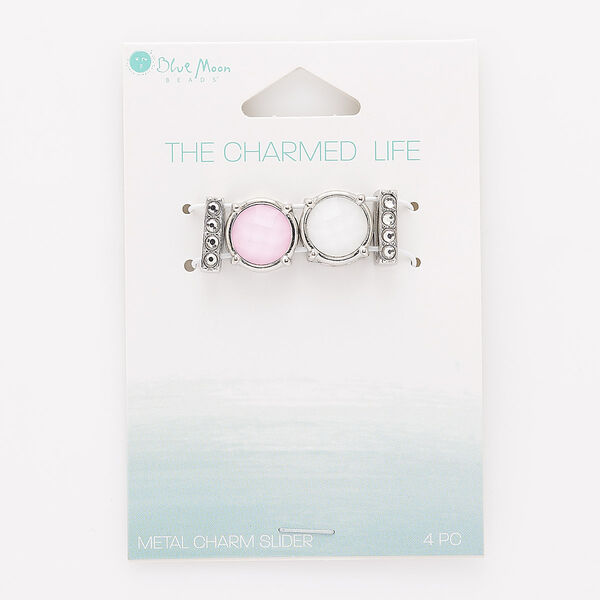 Slide, glass and silver-finished "pewter" (zinc-based alloy), pink / white / clear, 12mm round and 12.5x3mm rectangle with 10.5x2mm hole. Sold per pkg of 4. image number 0