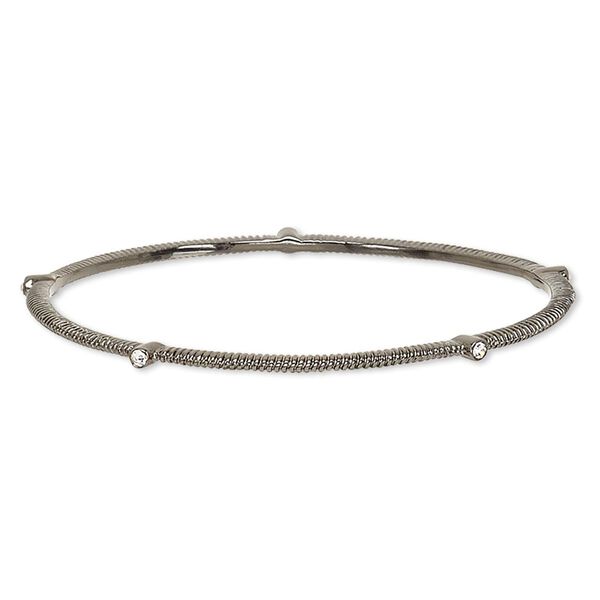 Bracelet, bangle, glass rhinestone and gunmetal-plated brass, clear, 3mm wide with corrugated design, 8 inches. Sold individually. image number 0