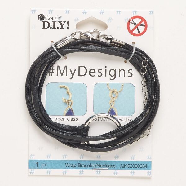 Necklace, "pewter" (zinc-based alloy) / steel / leather, pkg/21 inches, silver finish and black, 23mm open round / lobster claw clasp / 3-inch extender chain. image number 0