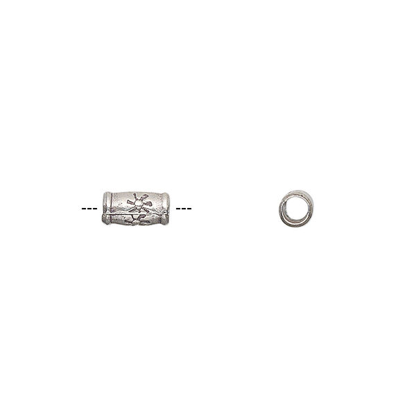 Bead, Hill Tribes, antiqued sterling silver, 6x3mm round tube with flower design. Sold per pkg of 2. image number 0