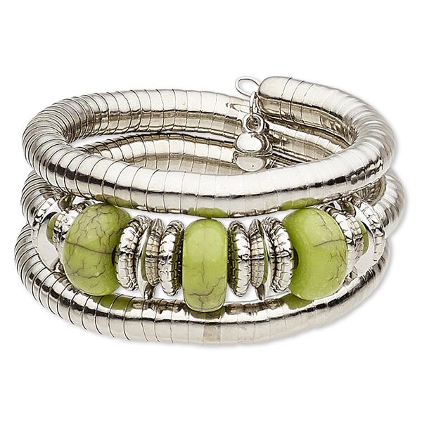 Bracelet, magnesite (dyed / stabilized) / steel memory wire / silver-coated plastic / silver-plated steel, green, 33mm wide spiral, 7-inch adjustable. Sold individually. image number 0
