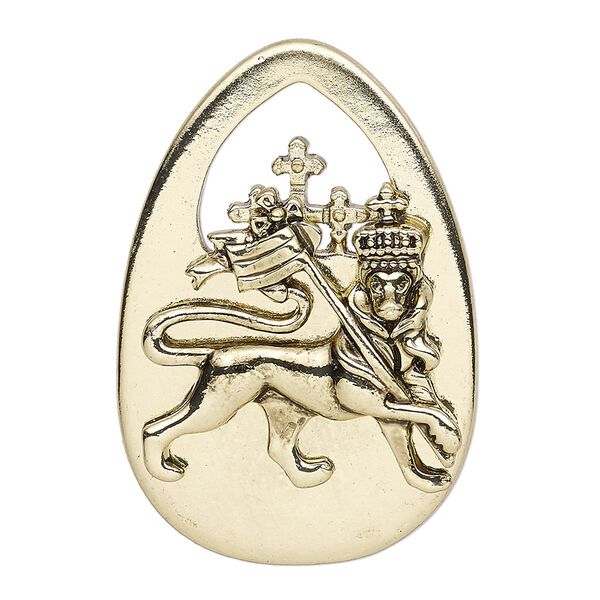 Focal, antique gold-finished "pewter" (zinc-based alloy), 44x30mm single-sided teardrop with lion and crown with scepter. Sold per pkg of 2. image number 0
