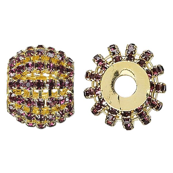 Bead, glass rhinestone and gold-finished brass, purple, 25x20mm barrel with 3mm chatons, 6.5mm hole. Sold individually. image number 0