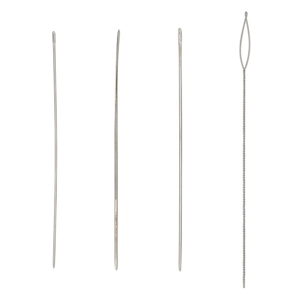 Needle set, Beadalon®, stainless steel, pkg/4, hard needles #10 (0.46mm) and #12 (0.42mm) / big-eye needle (0.022 inches) / collapsible-eye twisted wire needle (0.014 inches). image number 0