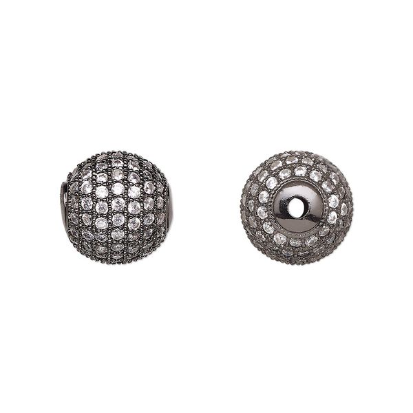 Bead, cubic zirconia and black-finished brass, clear, 11.5mm textured round. Sold individually. image number 0