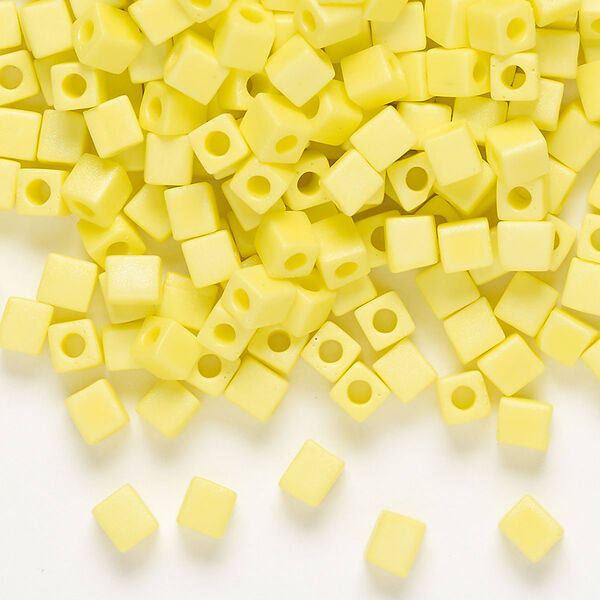 Seed bead, Miyuki, glass, pkg/25g, 3.5-3.7mm square, opaque frosted rainbow yellow (SB-404FR). image number 0