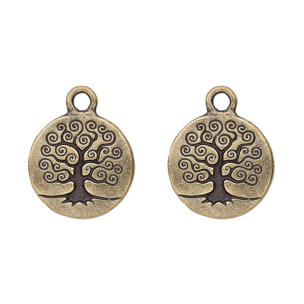 Drop, TierraCast®, antique brass-plated pewter (tin-based alloy), 15.5mm double-sided flat round with tree of life. Sold per pkg of 2. image number 0