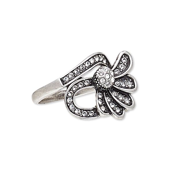 Ring, Austrian crystal and antique silver-plated "pewter" (zinc-based alloy), clear, 23x18mm flower, size 8. Sold individually. image number 0