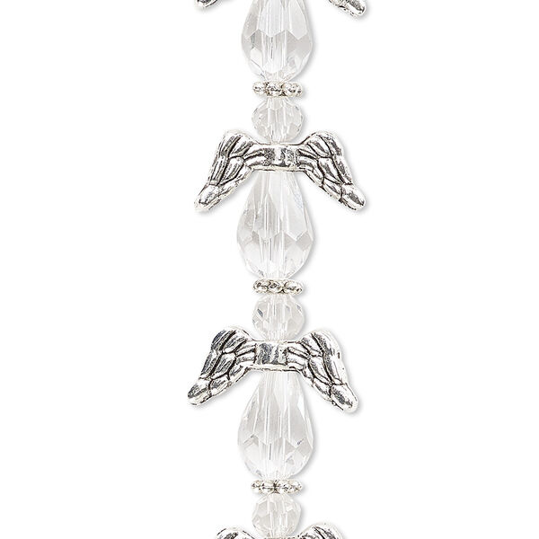 Bead, crystal and antique silver-plated "pewter" (zinc-based alloy), transparent clear, 17x14mm angel. Sold per pkg of 6. image number 0