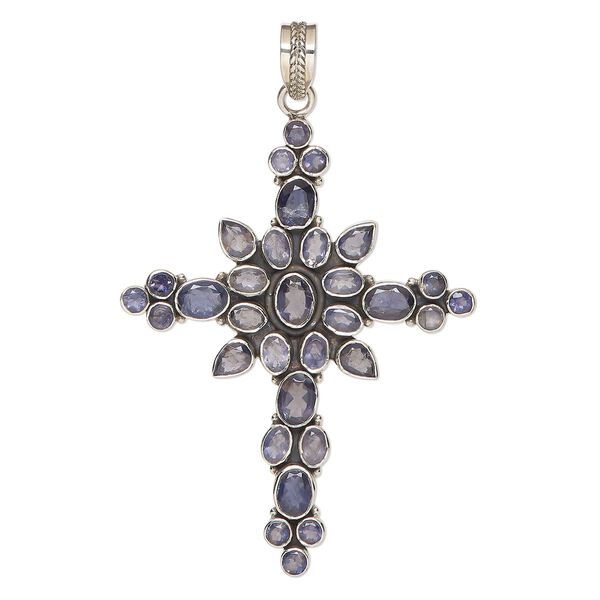 Pendant, iolite (natural) and antiqued sterling silver, 3x2-inch cross. Sold individually. image number 0