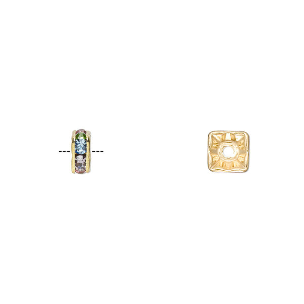 Bead, gold-finished brass and glass rhinestone, multicolored light, 6x3mm squaredelle. Sold per pkg of 10. image number 0