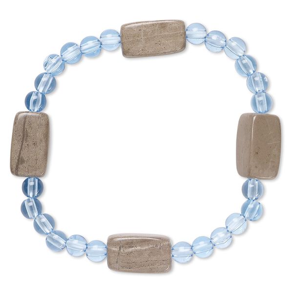 Bracelet, stretch, grey and cream marble (natural) and acrylic, blue, 5mm round and 17x9mm-18x10mm square tube, 6-1/2 inches. Sold individually. image number 0