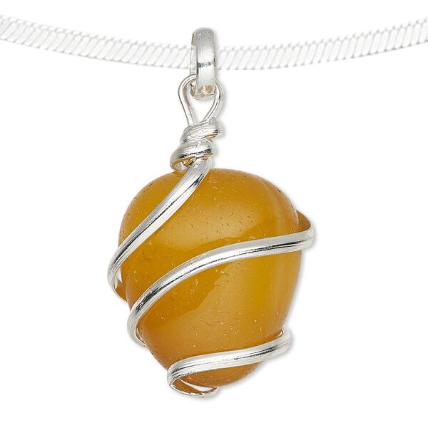 Pendant, agate (dyed) and silver-plated copper, yellow, medium to large hand-cut wire-wrapped tumbled nugget. Sold individually. image number 0