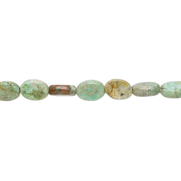 Bead, turquoise (dyed / stabilized), green-brown, 6x5mm-7x6mm flat oval with 0.8-1.1mm hole, C- grade, Mohs hardness 5 to 6. Sold per 15-inch strand. image number 0