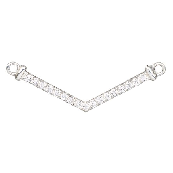 Focal, sterling silver and cubic zirconia, clear, 37x12mm single-sided V-shape with 2 loops. Sold individually. image number 0