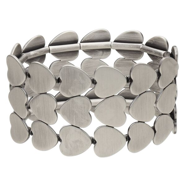 Bracelet, stretch, antiqued silver-plated steel, 41mm wide with 3-row heart, 7-1/2 inches. Sold individually. image number 0