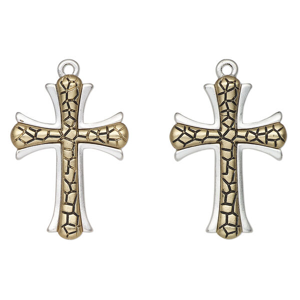 Focal, antique gold-finished and antique silver-finished "pewter" (zinc-based alloy), 34x24mm textured cross. Sold per pkg of 2. image number 0