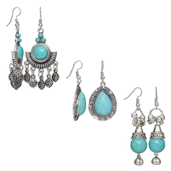 Earring, magnesite (dyed / stabilized) / glass / resin / antique silver-plated steel and "pewter" (zinc-based alloy), blue and clear, 45mm / 2-1/3 inches / 2-1/2 inches with fishhook ear wire. Sold per pkg of 3 pairs. image number 0