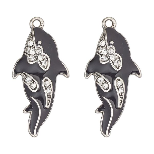 Focal, antique silver-finished "pewter" (zinc-based alloy), enamel and glass, black and clear, 32x16mm single-sided killer whale. Sold per pkg of 2. image number 0