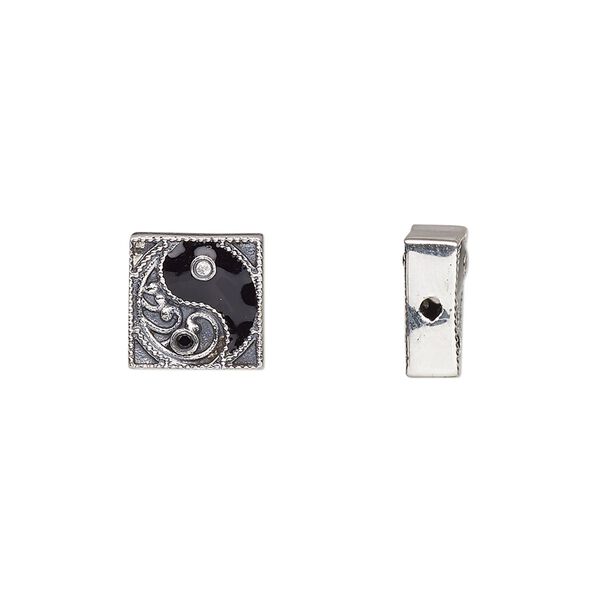 Bead, antiqued sterling silver / cubic zirconia / enamel, black and clear, 10mm square with yin-yang design. Sold individually. image number 0