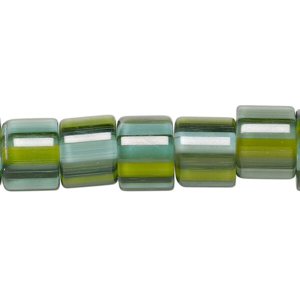 Bead, cane glass, multicolored, 10x9mm-12x10mm round tube with stripes. Sold per 15-inch strand. image number 0