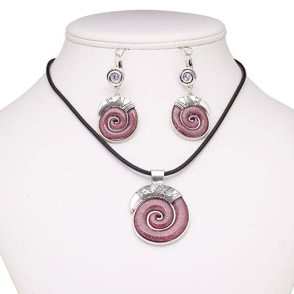 Necklace and earring set, leather (dyed) / glass rhinestone / resin / antiqued silver-finished brass / steel / "pewter" (zinc-based alloy), black / purple / lavender, 50x40mm shell, 15" to 16" necklace with 2-inch extender chain and lobster claw clasp, 55mm earrings with leverback ear wire. Sold per set. image number 0