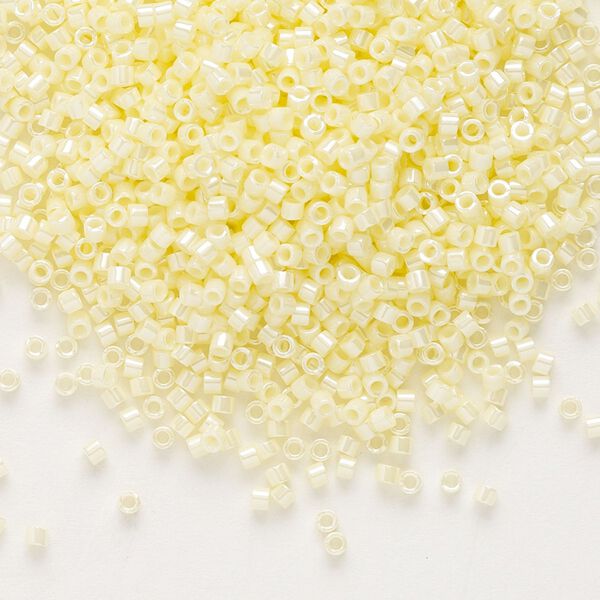 Seed bead, Delica®, glass, pkg/7.5g, #11 round, opaque glazed luster pale yellow (DB-1531). image number 0